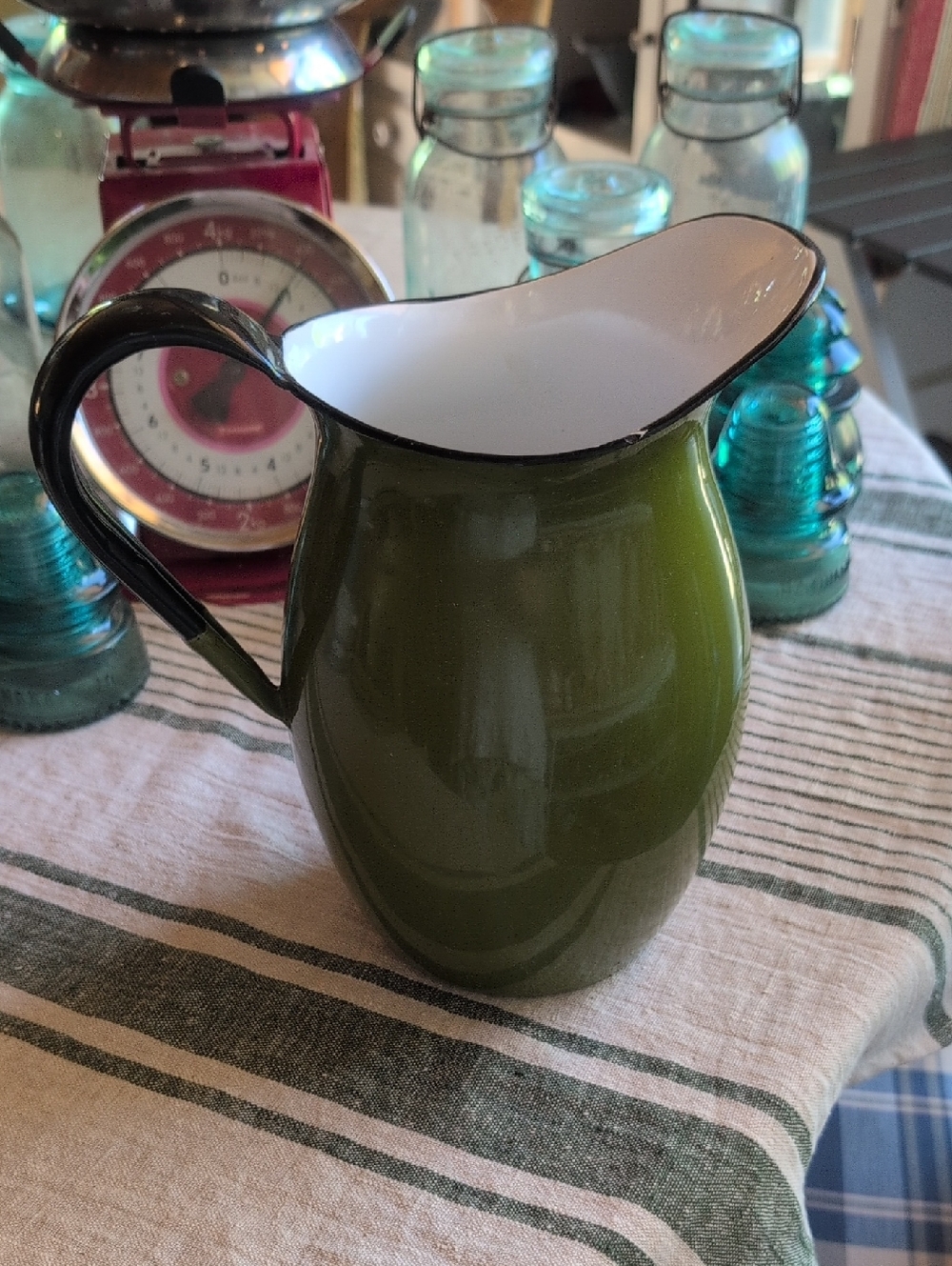 Vintage Enamelware Avacado Green Large Pitcher